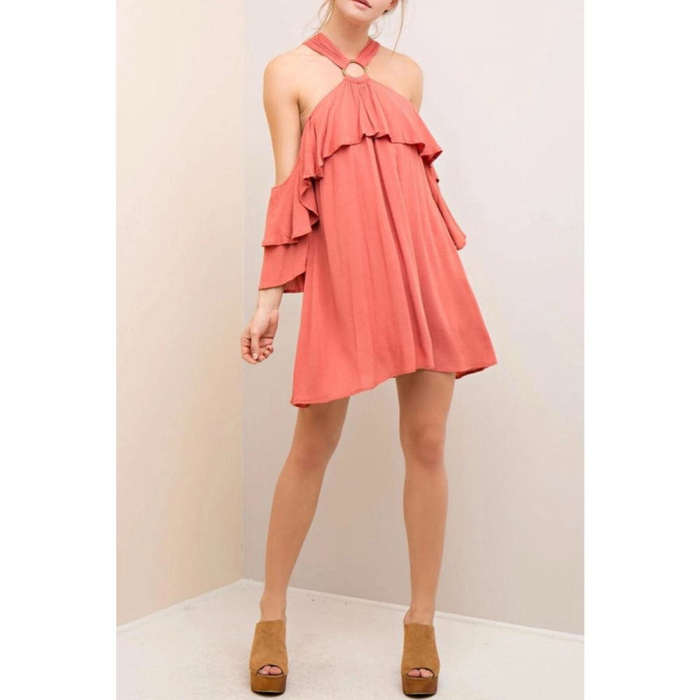 Women's Entro Boho Marsala/Coral Ruffle Cold Shoulder Mini Dress L